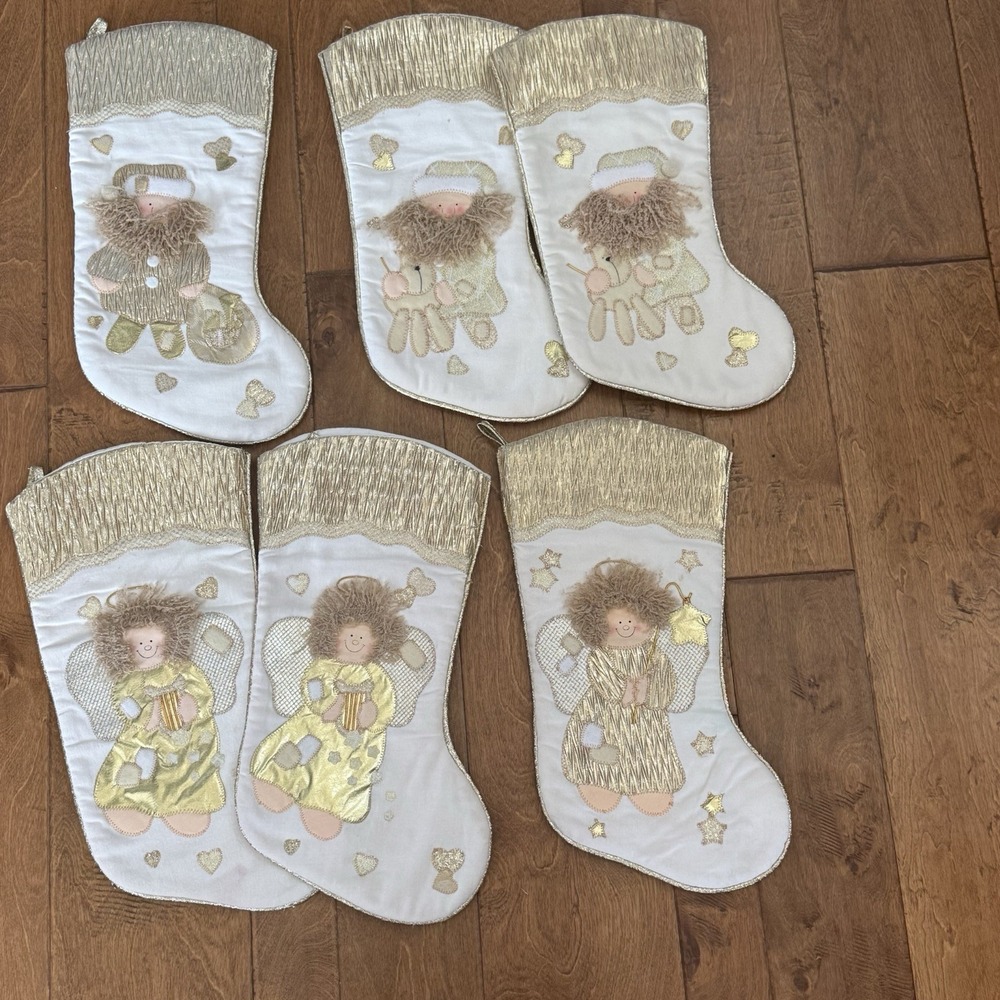 Lot 6 Cream Gold Embroidered Christmas Stockings Santaโ Angel Plush 17.5" F/W